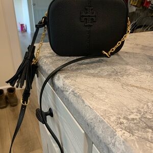 Tory Burch Black and Gold Crossbody Bag with Tassel